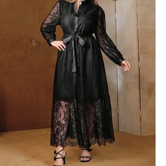 Plus Black Eyelash Lace Button Down Semi Sheer Long Sleeve Dress - Picture 3 of 5